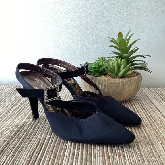 VTG Roger Vivier Black Rhinestone Buckle Mirorred Strappy Pump Heels Size 36 - Picture 2 of 10